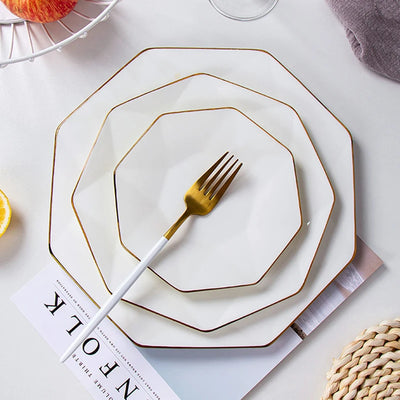 Octagonal Porcelain Dinner Plate – Elegant Gold Trim