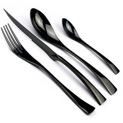 "Close-up view of shiny black stainless steel knives, forks, and spoons."