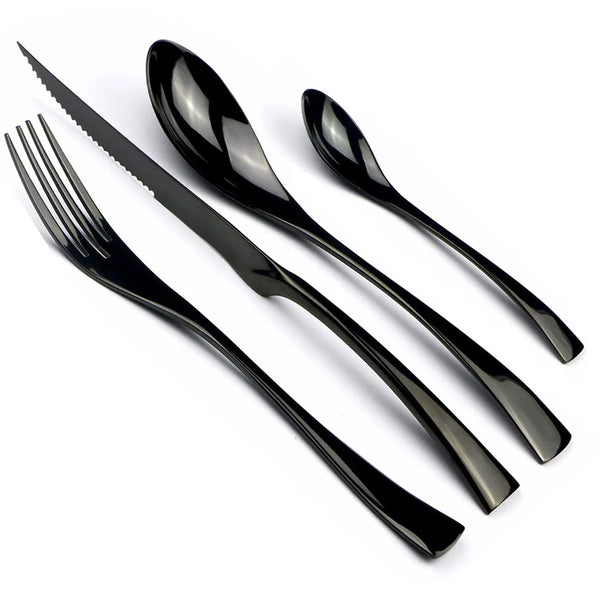 "Close-up view of shiny black stainless steel knives, forks, and spoons."