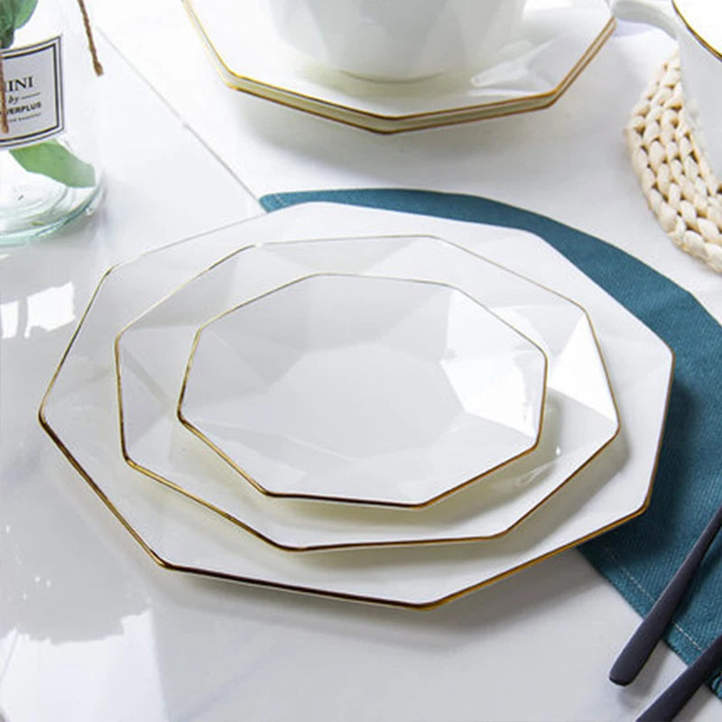 Octagonal Porcelain Dinner Plate – Elegant Gold Trim