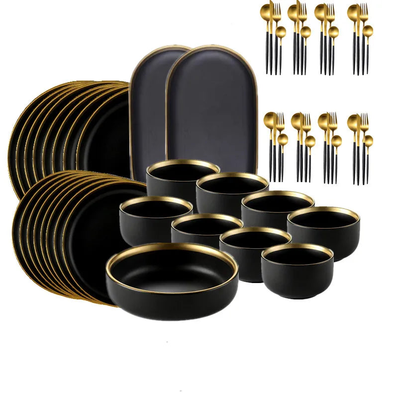 Black Porcelain Dinnerware Set with Cutlery – Elegant Dining