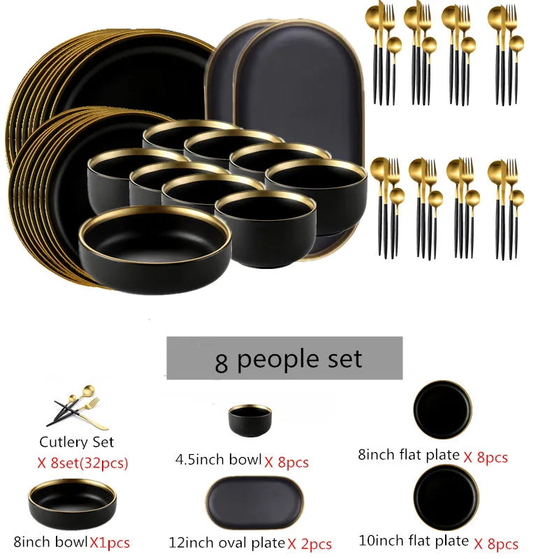 Black Porcelain Dinnerware Set with Cutlery – Elegant Dining