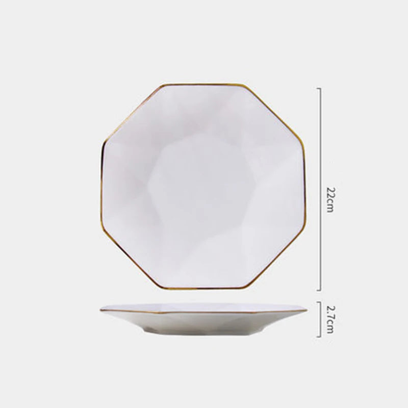 Octagonal Porcelain Dinner Plate – Elegant Gold Trim