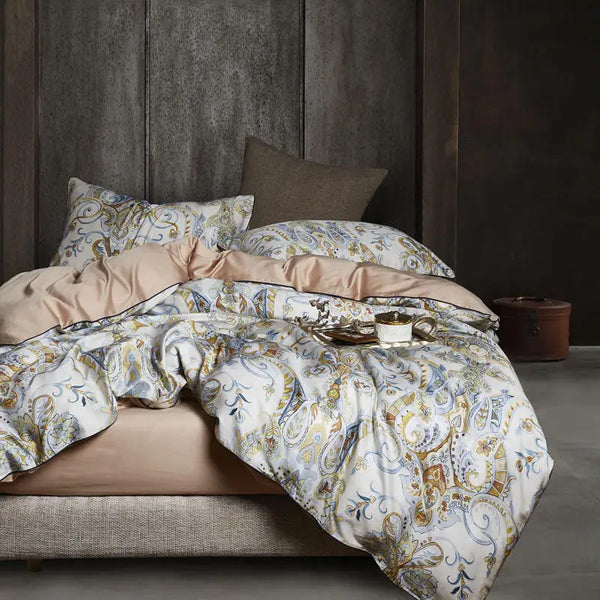 Luxury Paisley Floral Egyptian Cotton Bedding Set – Beige & Botanical Print | Queen & King