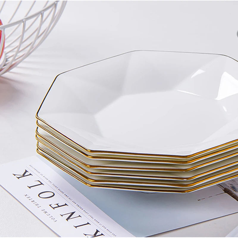 Octagonal Porcelain Dinner Plate – Elegant Gold Trim