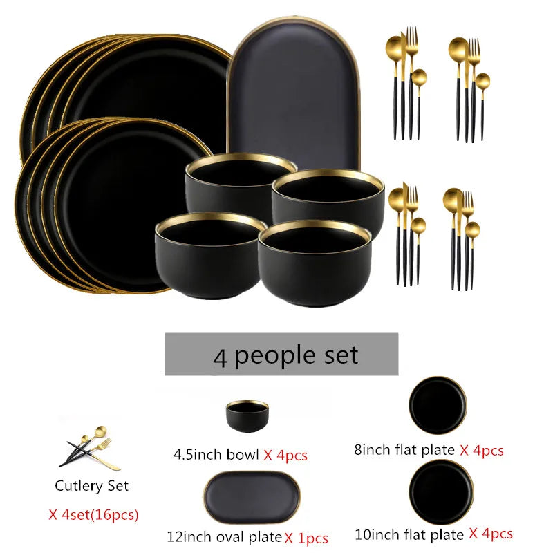 "Black porcelain dinnerware set with cutlery arranged for four people."