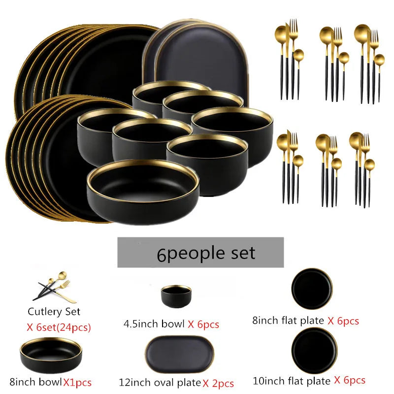 Black Porcelain Dinnerware Set with Cutlery – Elegant Dining
