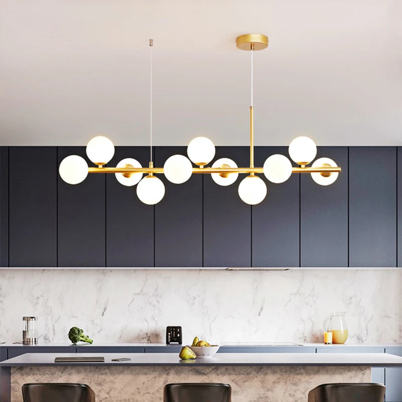 "Detailed view of the glass globes on the Nordic modern LED pendant light."

