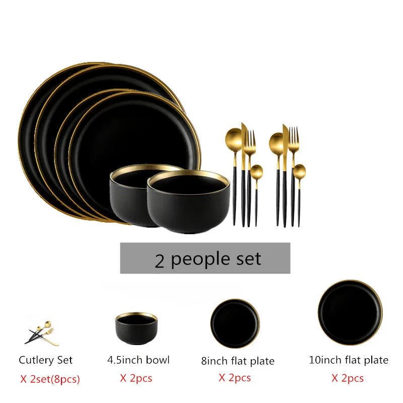 Black Porcelain Dinnerware Set with Cutlery – Elegant Dining