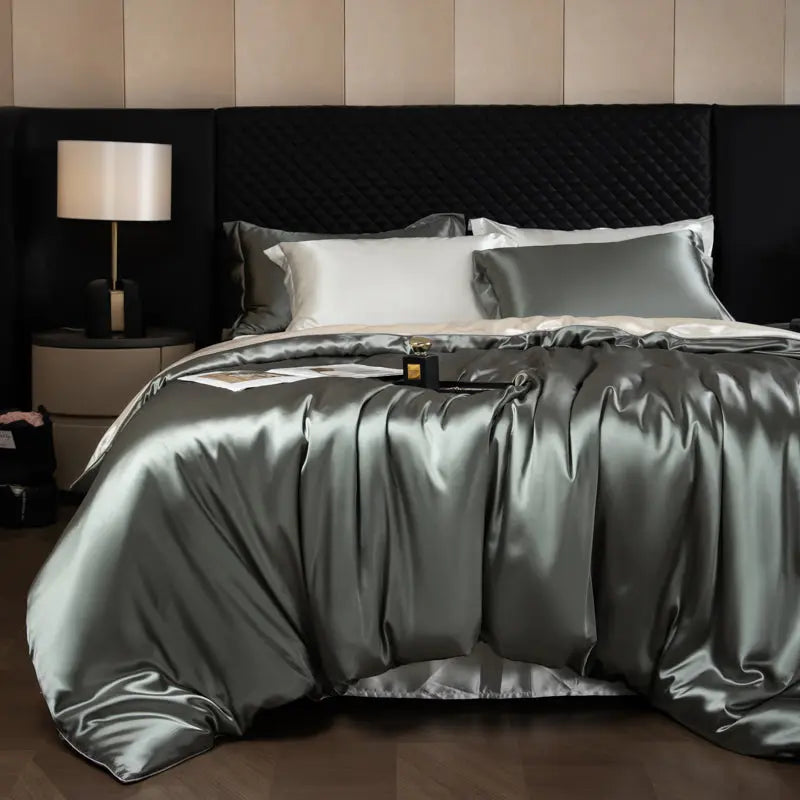 Silver Grey Beige Silk Bed Sheets - linarro