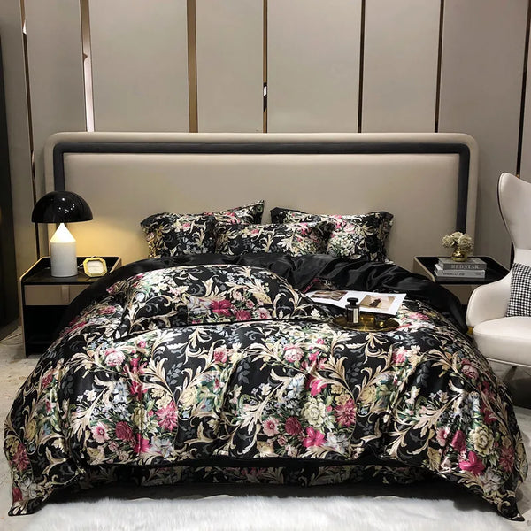 Midnight Bloom Natural Silk Bedding Set – Luxury Floral Print | Flat or Fitted Sheet | Queen&King