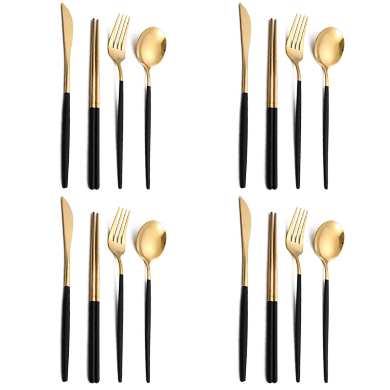 12–16-Piece Black & Gold Stainless Steel Cutlery Set