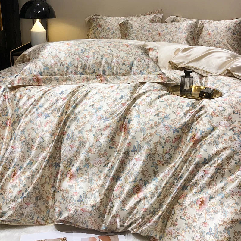 Floral 100% Mulberry Silk Bedding Set – Luxury Duvet Cover & Bed Sheet | Double & Queen