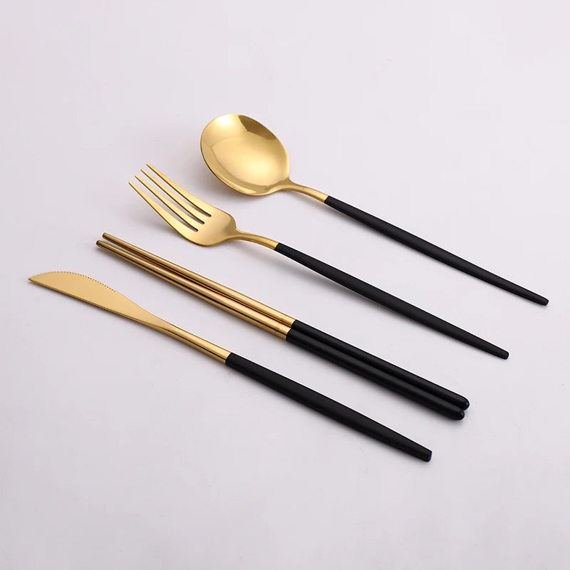 12–16-Piece Black & Gold Stainless Steel Cutlery Set