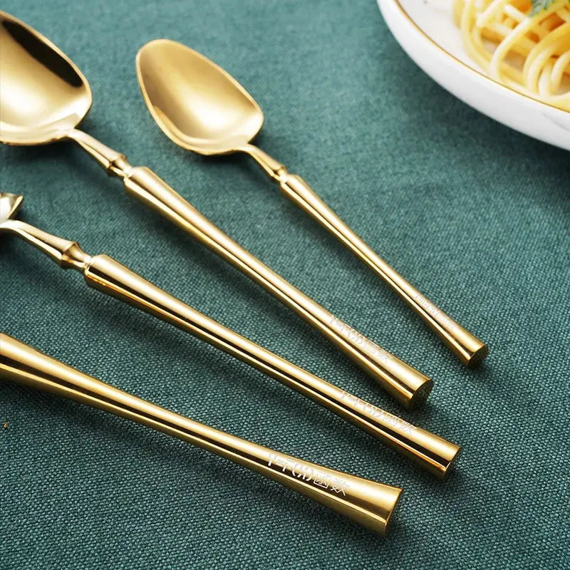 KuBac Hommi 30-Piece Shiny Dinnerware Set - 18/10 Stainless Steel Mirror Gold Cutlery Set linarro
