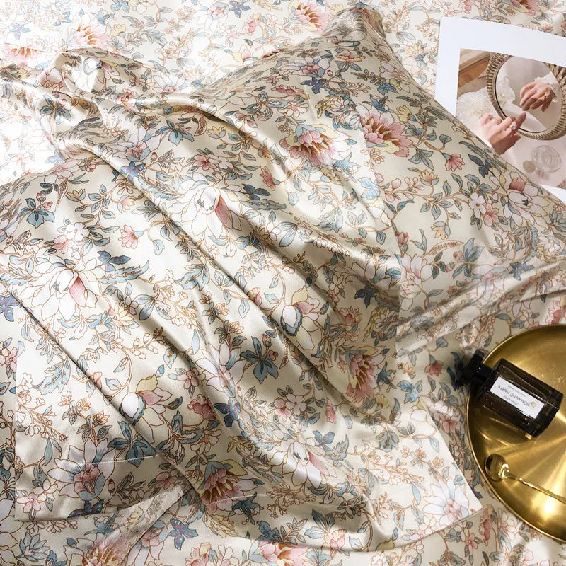 Floral 100% Mulberry Silk Bedding Set – Luxury Duvet Cover & Bed Sheet | Double & Queen