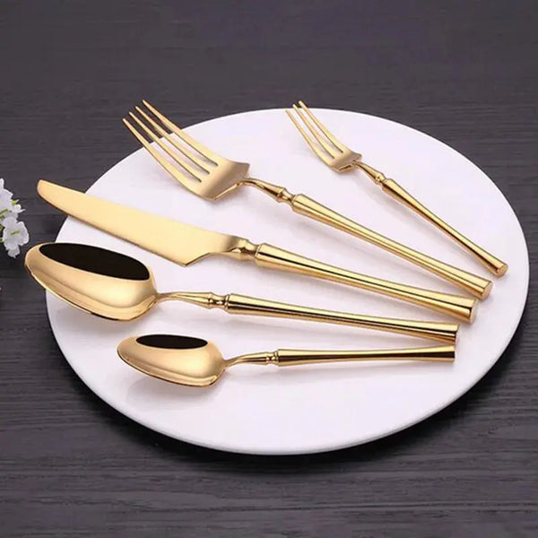 KuBac Hommi 30-Piece Shiny Dinnerware Set - 18/10 Stainless Steel Mirror Gold Cutlery Set linarro