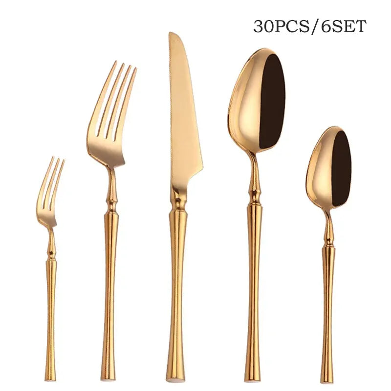 KuBac Hommi 30-Piece Shiny Dinnerware Set - 18/10 Stainless Steel Mirror Gold Cutlery Set linarro