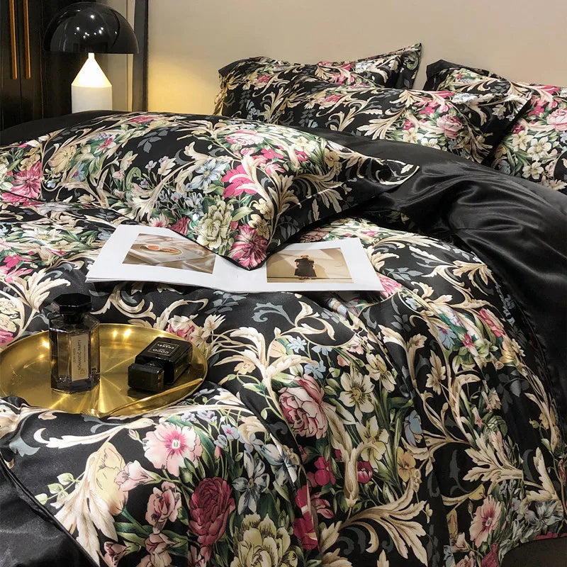 Midnight Bloom Natural Silk Bedding Set – Luxury Floral Print | Flat or Fitted Sheet | Queen&King