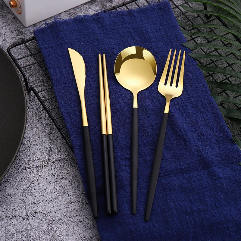 12–16-Piece Black & Gold Stainless Steel Cutlery Set