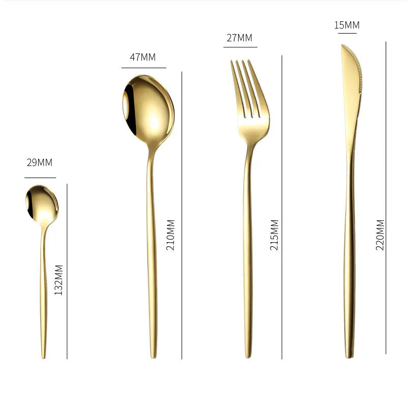 "Gold stainless steel flatware set arranged on a formal dining table."