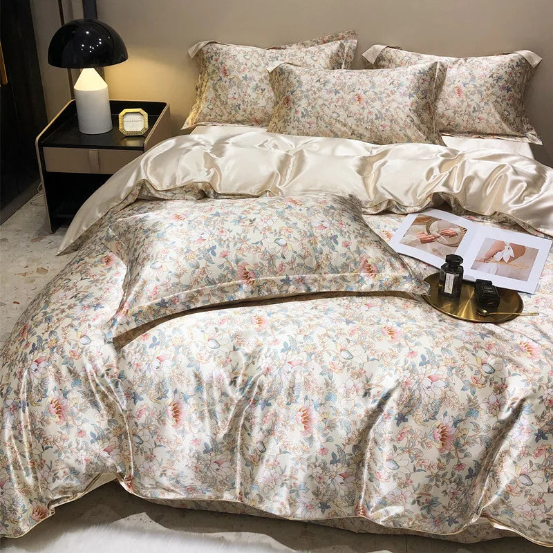 Floral 100% Mulberry Silk Bedding Set – Luxury Duvet Cover & Bed Sheet | Double & Queen