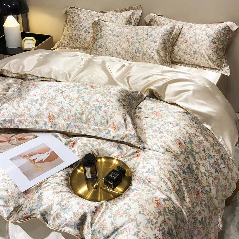 Floral 100% Mulberry Silk Bedding Set – Luxury Duvet Cover & Bed Sheet | Double & Queen