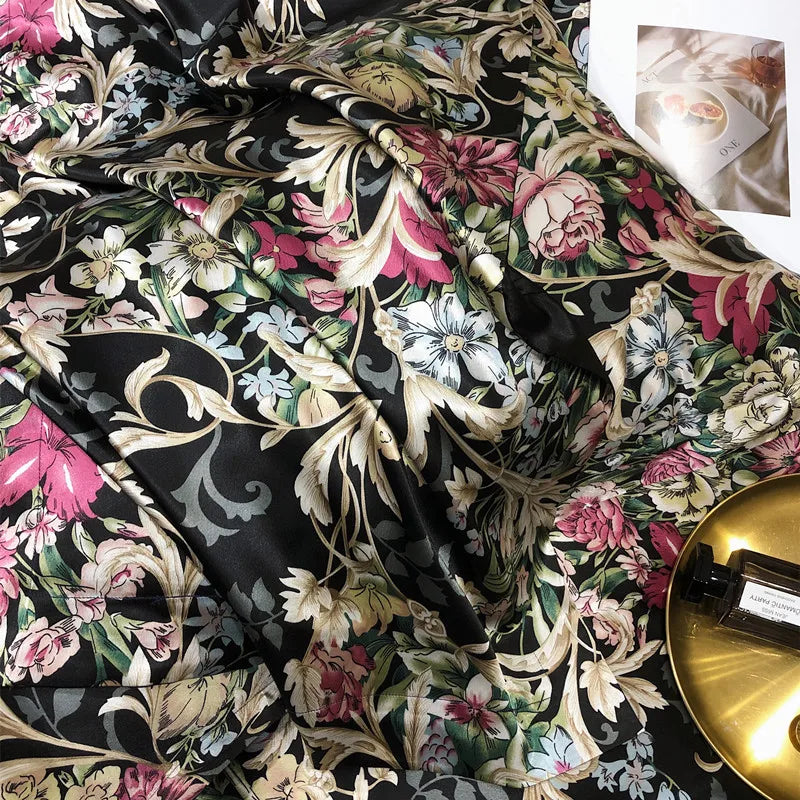 Midnight Bloom Natural Silk Bedding Set – Luxury Floral Print | Flat or Fitted Sheet | Queen&King