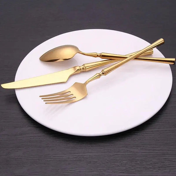 KuBac Hommi 30-Piece Shiny Dinnerware Set - 18/10 Stainless Steel Mirror Gold Cutlery Set linarro