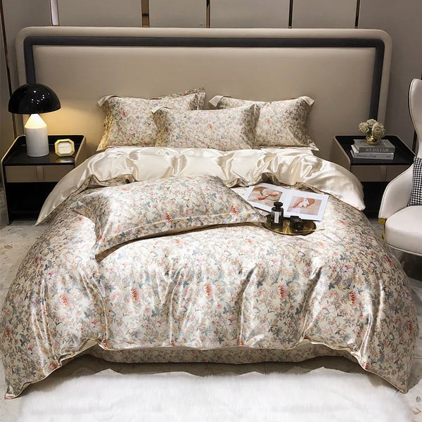Floral 100% Mulberry Silk Bedding Set – Luxury Duvet Cover & Bed Sheet | Double & Queen