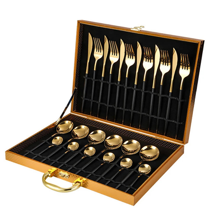 24-Piece Gold Stainless Steel Flatware Set – Elegant Gift Box