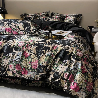 Midnight Bloom Natural Silk Bedding Set – Luxury Floral Print | Flat or Fitted Sheet | Queen&King