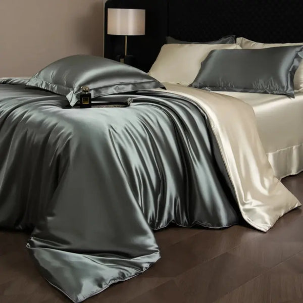 Silver Grey Beige Silk Bed Sheets - linarro