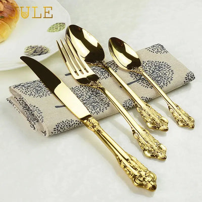 "Elegant Vintage Golden Cutlery Set – 24-Pc Stainless Steel Dinnerware for Luxurious Dining" linarro