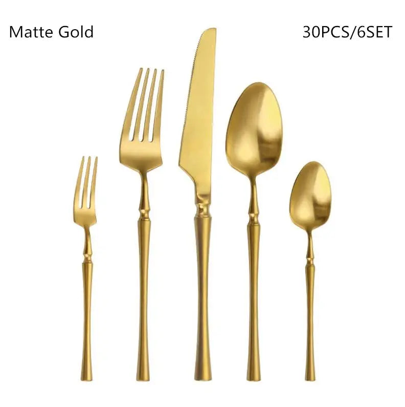 KuBac Hommi 30-Piece Shiny Dinnerware Set - 18/10 Stainless Steel Mirror Gold Cutlery Set linarro