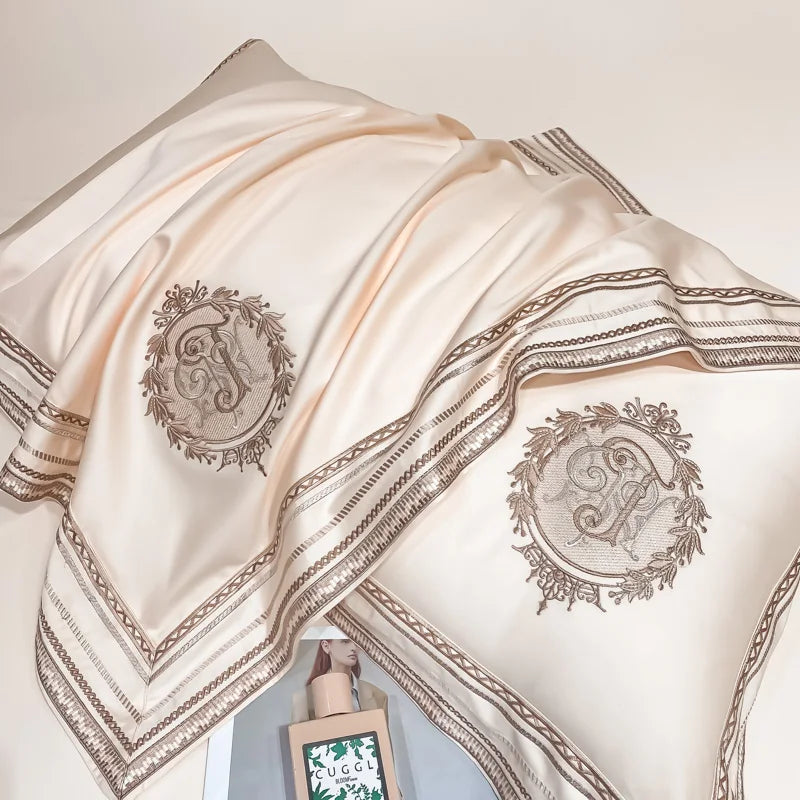 Luxury 1000TC Embroidered Egyptian Cotton Bedding Set – Champagne Gold | Flat or Fitted Sheet | Queen&King