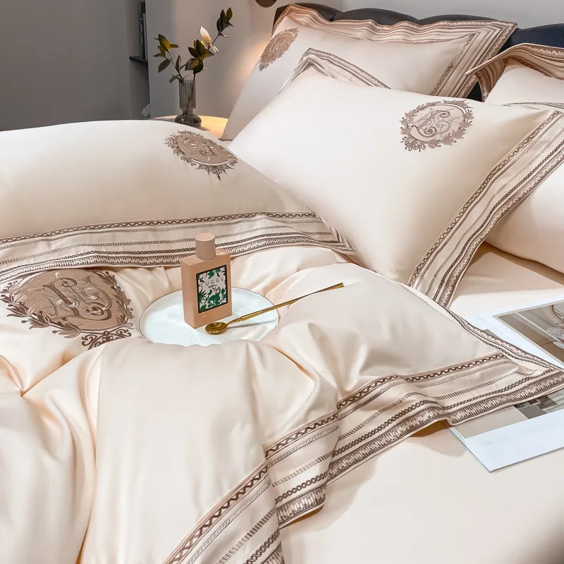 Luxury 1000TC Embroidered Egyptian Cotton Bedding Set – Champagne Gold | Flat or Fitted Sheet | Queen&King