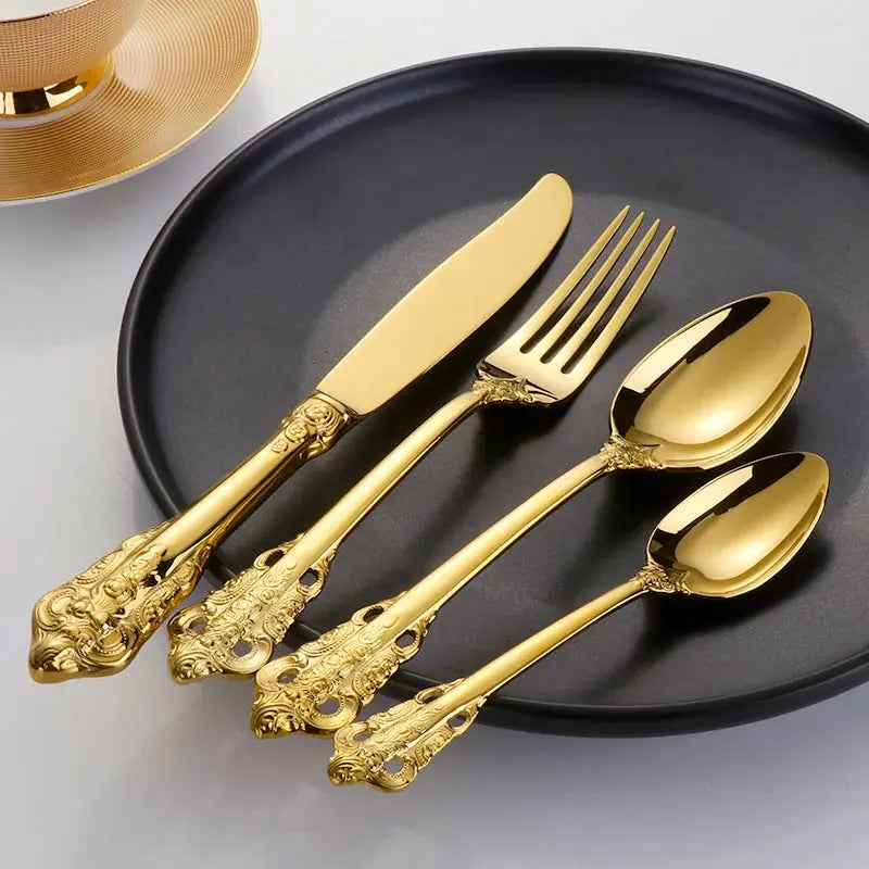 "Elegant Vintage Golden Cutlery Set – 24-Pc Stainless Steel Dinnerware for Luxurious Dining" linarro
