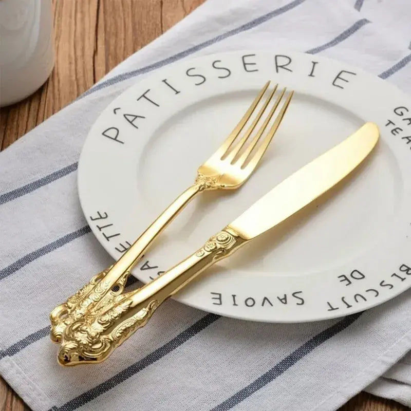 "Elegant Vintage Golden Cutlery Set – 24-Pc Stainless Steel Dinnerware for Luxurious Dining" linarro