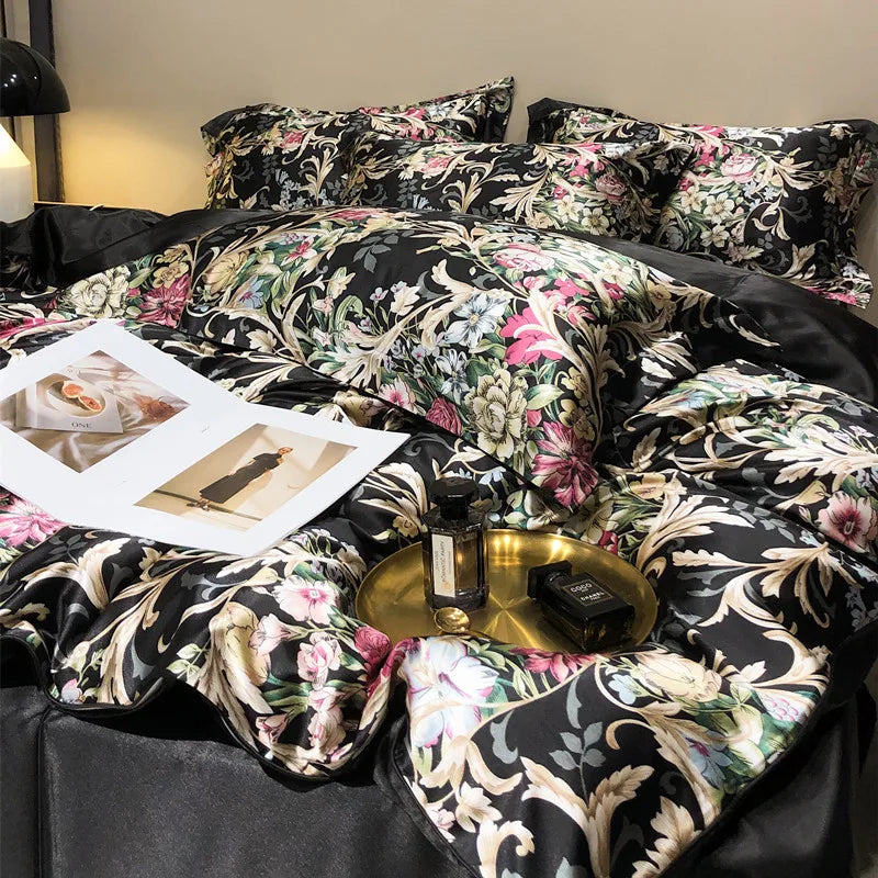 Midnight Bloom Natural Silk Bedding Set – Luxury Floral Print | Flat or Fitted Sheet | Queen&King