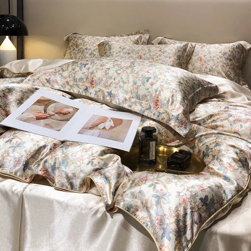 Floral 100% Mulberry Silk Bedding Set – Luxury Duvet Cover & Bed Sheet | Double & Queen