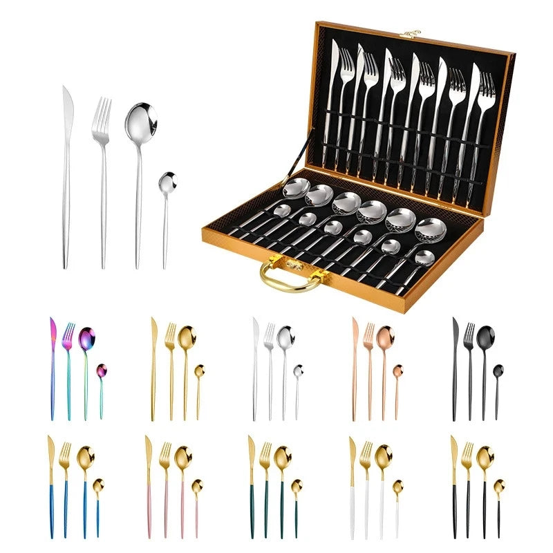 Elegant black and gold gift box containing 24-piece flatware set."