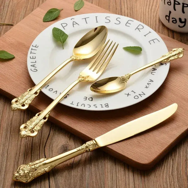 "Elegant Vintage Golden Cutlery Set – 24-Pc Stainless Steel Dinnerware for Luxurious Dining" linarro