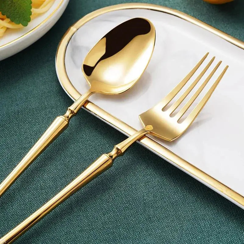 KuBac Hommi 30-Piece Shiny Dinnerware Set - 18/10 Stainless Steel Mirror Gold Cutlery Set linarro