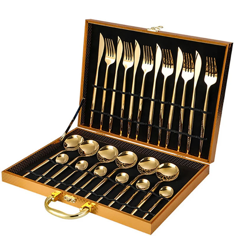 24-Piece Gold Stainless Steel Flatware Set – Elegant Gift Box