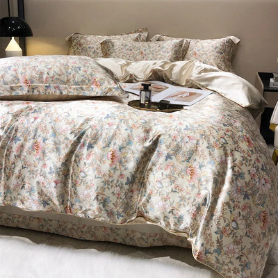 Floral 100% Mulberry Silk Bedding Set – Luxury Duvet Cover & Bed Sheet | Double & Queen