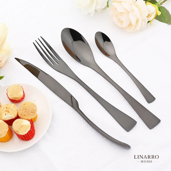  "24-piece shiny black stainless steel cutlery set displayed in an open gift box."