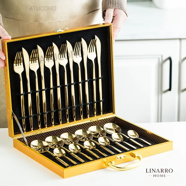 24-Piece Gold Stainless Steel Flatware Set – Elegant Gift Box
